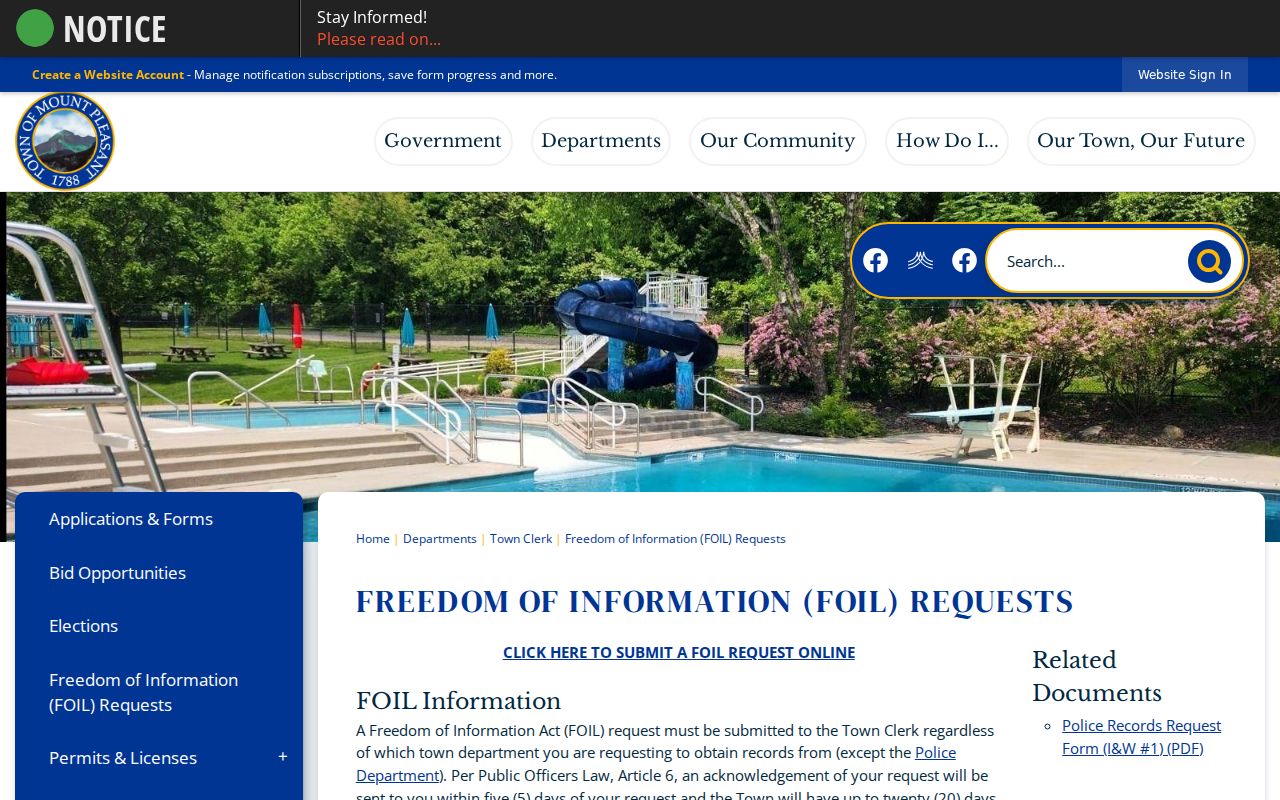 Mount Pleasant residents directory view of Town FOIL instructions