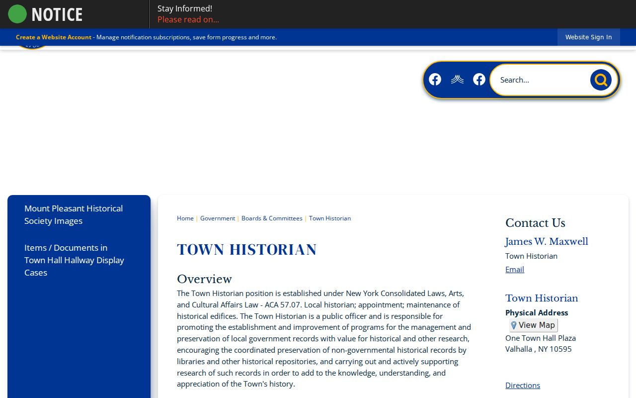 Mount Pleasant residents directory Town Historian and archive referral